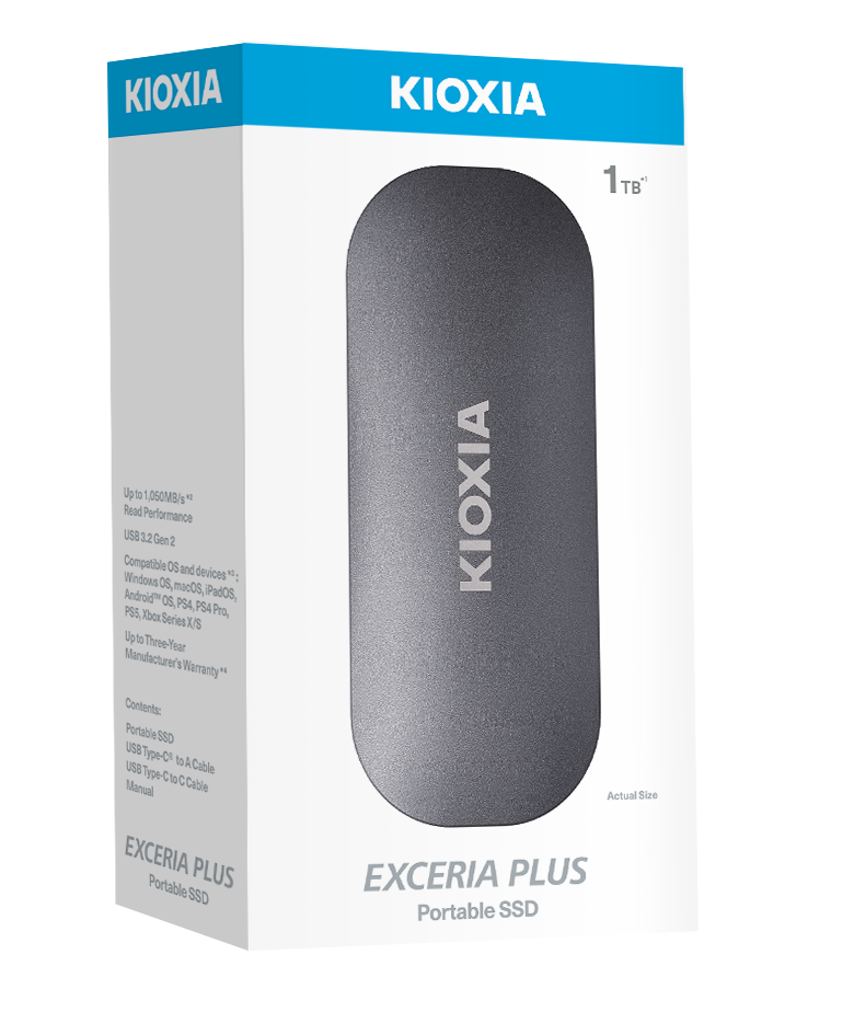 KIOXIA Exceria plus portable SSD 1TB with high speed transfer up to 1050mb/s. Sleek Silver matte surface & lightweight easy to carry made for your pocket: TREK eStore